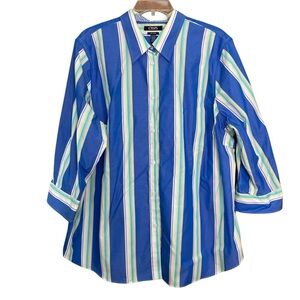Chaps No Iron Blue Striped Button Down 3/4 Sleeve Contrast Trim (Size 2X)